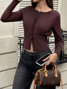 Women's Casual Fashionable Street Style Brown Tight Long Sleeve Top, Autumn - Brown - View 2