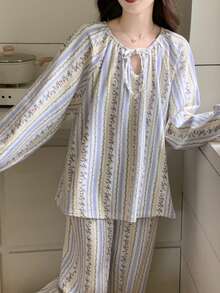 2pcs Women's Pajama Loungewear Set, Romantic Ditsy Floral Neckline Tie Pullover Long Sleeve Pants, All Season - Multicolor - View 7