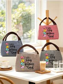 Vigour Summer Striped Colorful Songbird & Bible Verse Print Women's Handbag, Striped Lunch Bag, Unisex Leak-Proof Large Capacity Tote Bag, Portable Travel Picnic Camping Bag, Office School Work Meal Insulated Bag, Suitable For Daily Commute, Church Activities, Shopping And Spring Outings; Ideal Religious Themed Gift For Easter And Mother's Day - Multicolor - View 2