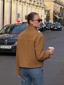 Jaket Pendek Wanita Warna Cokelat Muda dengan Kerah Tegak dan Kancing, Terbuat dari Campuran Wol, Lengan Panjang, Longgar, Minimalis, Gaya Streetwear Kasual Prancis untuk Musim Gugur - Khaki - View 5