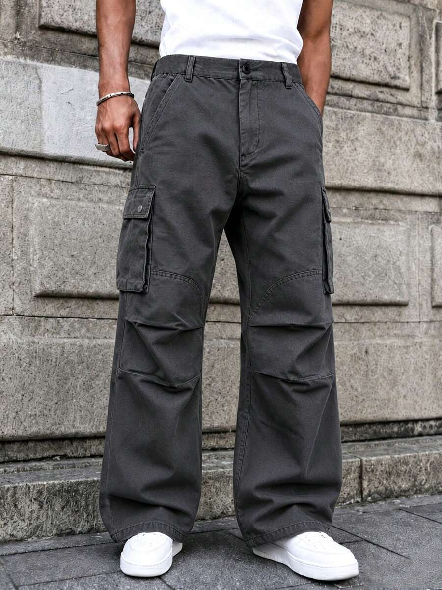 Men's Minimalist Loose Long Solid Color Cargo Pants, Suitable For Autumn, Street Style Cargo Pants, Personalized Multi-Pocket Practical Lumberjack Pants, Wide Leg Pants - Grey - View 1