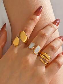 3Pcs Geometric Rings Set Irregular & White Enamel Stackable Jewelry For Women Party Accessories Holiday Gift - Gold - View 6