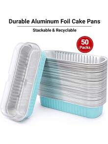50 moldes pequeños de papel de aluminio con tapa, rectangulares, para hornear. Moldes desechables para mini pasteles y magdalenas. Vasitos para tarta de queso, postres, flanes, pudines y panes. - Celeste - Ver 1