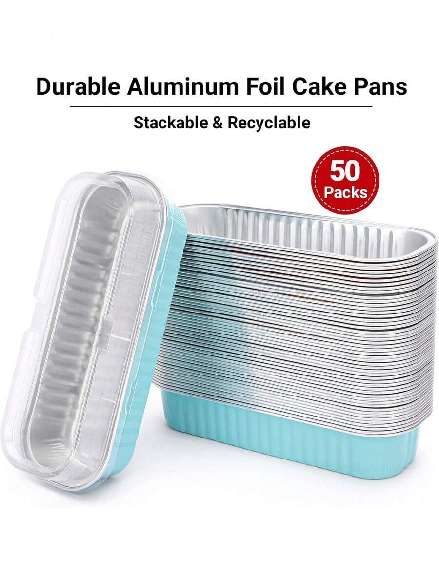 50 moldes pequeños de papel de aluminio con tapa, rectangulares, para hornear. Moldes desechables para mini pasteles y magdalenas. Vasitos para tarta de queso, postres, flanes, pudines y panes. - Celeste - Ver 1