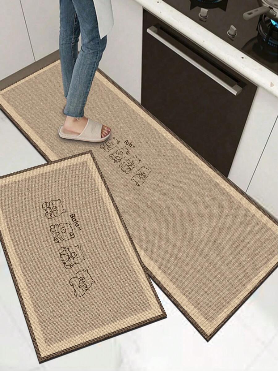 1pc Linen Texture Bear Print Diatomaceous Earth Kitchen Mat, 3.5mm, Sponge Absorbent Layer, Anti-Slip Rubber Bottom, Pressure Relief & Oil-Resistant, Suitable For Kitchen, Bathroom, Entryway, Laundry Room - View 1