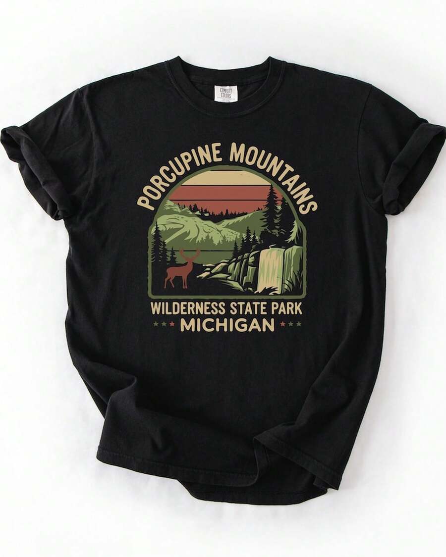 Unisex Men Women T-Shirt Mushroom Forest Vintage Cottagecore Washed Tee - Black - View 1