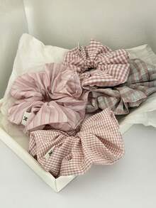 1PC/4pcs Plaid Casual Polyester (Polyester) Korean Style New Pink Tone Checkered Large Scrunchie Sweet Elegant Versatile Ponytail Hair Tie Back Of Head Large Size - Multicolor - View 4