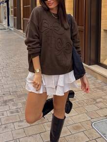 Women's Solid Color Bow Decor Sweater - Brown - View 3