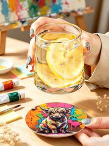 6/1pc Round Wooden Highland Cow Graffiti Print Coaster, Heat-Resistant Coffee Cup Insulation Pad, Colorful Street Art Animal Desktop Decor, Home Kitchen Supplies, Birthday Holiday Party Favor, Gift For Cow Lovers Boyfriend/Girlfriend - Multicolor - View 6