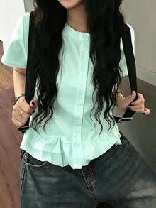 俏皮荷葉邊圓領短袖T恤，日系復古甜美百搭寬鬆上衣，夏季休閒服飾 - 綠色 - 查看 3
