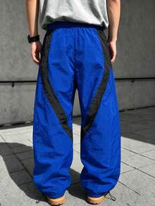 High Street Style Adjustable Hem Wide Leg Nylon Casual Pants Streetwear Racing Style Nylon Pants Printed Colorblock Line Adjustable Hem Wide Leg Casual Pants Streetwear Scene - Blue - View 2