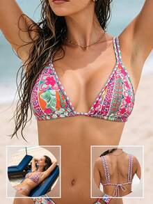 Cute Bikini Top Floral Print Triongle Bra Sexy Backless Bra For Women Underwear - Multicolor - View 1