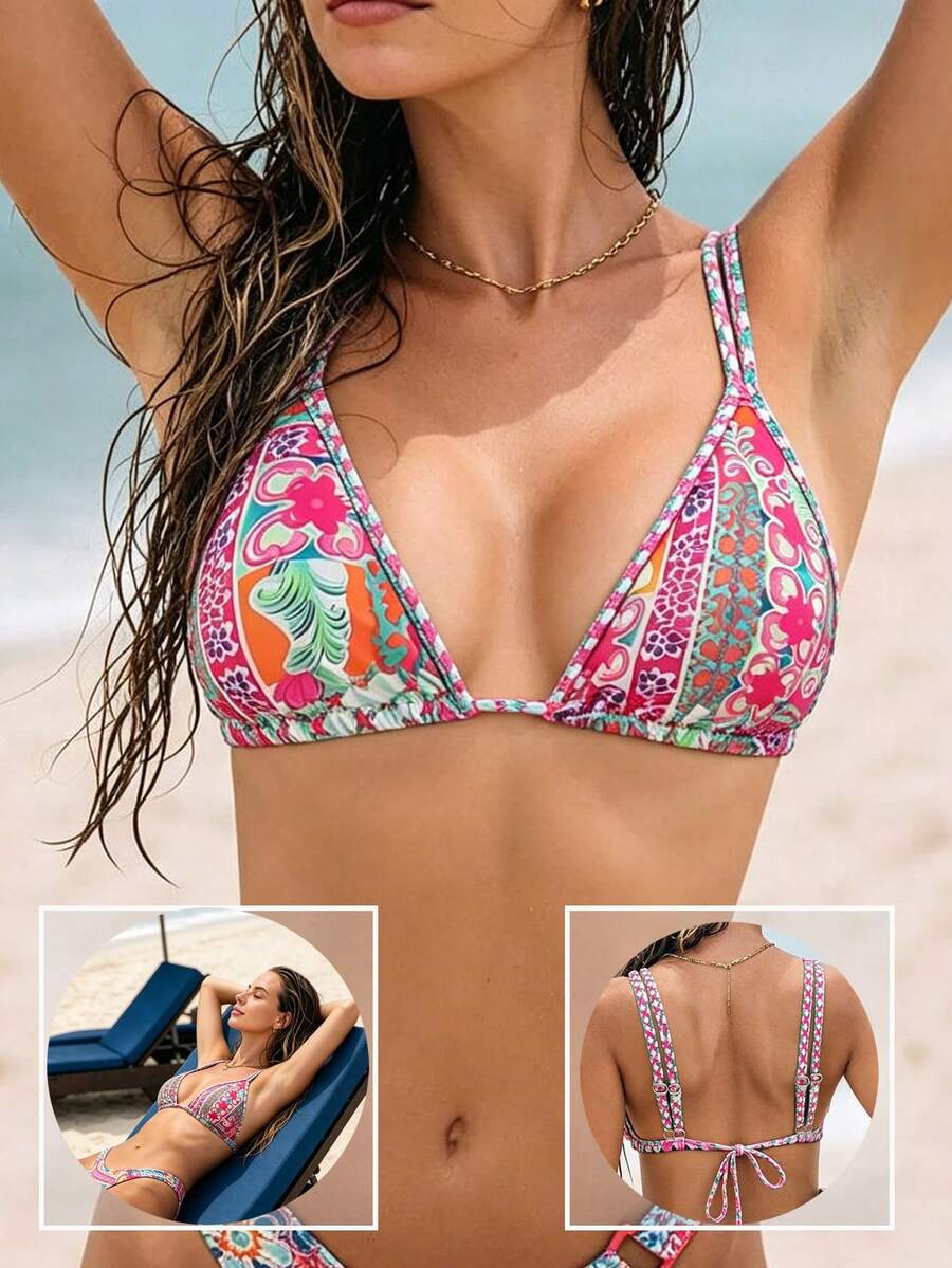 Cute Bikini Top Floral Print Triongle Bra Sexy Backless Bra For Women Underwear - Multicolor - View 1