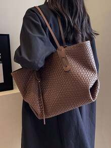 Minimalist Large Woven Pattern Tote Bag, Smooth Pu Brown With Dual Long Handles, Roomy Daily Bag Suitable For Work Shopping Short Trips - Brown - View 2