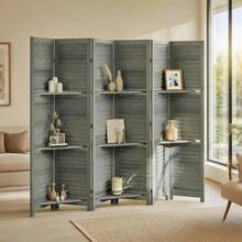 6 Panel Folding Room Divider Screen, Paulownia Wood Privacy Partition With 3 Shelves, Blinds Style Freestanding Separator, Gray, 94.5 Inch Wide For Living Room Bedroom Office-XY937553 - 1 - View 1