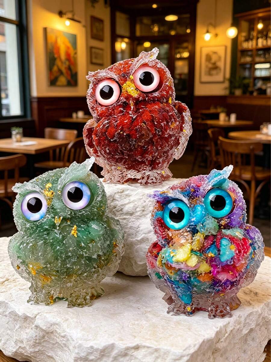 1 Peça Estatueta de Coruja de Resina de Cristal Natural, Artesanato de Resina Epóxi, Decoração de Quarto e Ambiente, Ornamento de Mesa Estético, Presente Doce para Ela, Presente Perfeito para Aniversário, Formatura, Páscoa, Halloween e Natal
