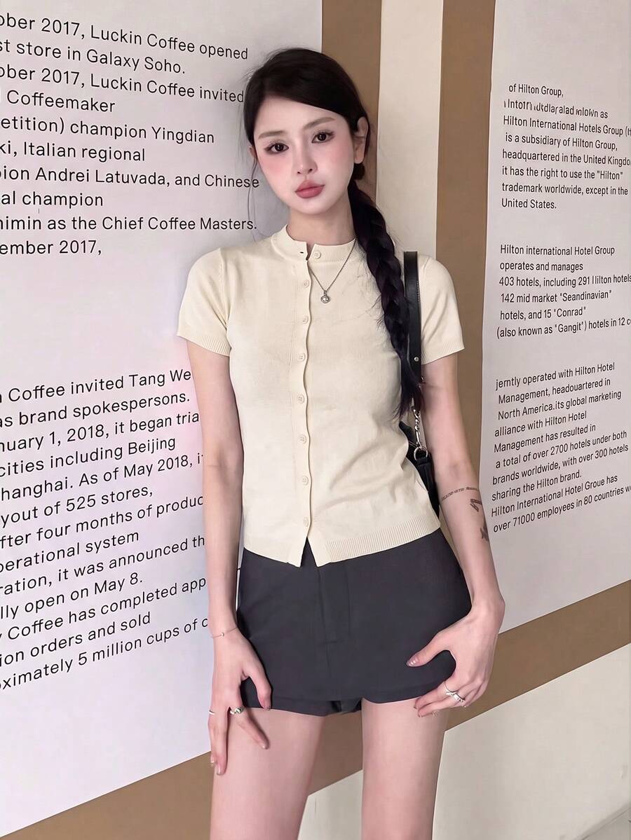 女款春夏休閒短袖修身日常穿著圓領薄款開襟衫 - 杏色 - 查看 1