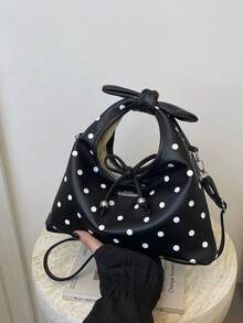Polka Dot Pattern Handbag Crescent Bag Women's Pleated Bag Solid Color Cloud Crescent Bag Bow Tie Drawstring Casual Bag Shopping Women's Bag Shoulder Crossbody Bag Gift Shopping Commuting - Black - View 8