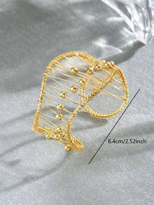 1pc Fashion Minimalist Handmade Wire-Wrapped Hollow Mesh Gold Bead Woven Wide Open Cuff Bracelet For Women, Suitable For Daily Wear (Gold Beads Are Movable) - 金色-B1556 - 查看 4