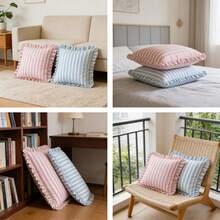 1pc Striped Ruffle Pillow Case, Bohemian, Soft Square Decorative Cushion Cover, Country Style Light-Colored Striped Sofa Bed Home Decor, No Inner Core - Blue - View 2