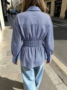 Women's Elegant Commute Street Casual Plaid Checkered Shirt Blouse, Elastic Waist Gathered Design, Shirt Collar Front Button Placket, Long Sleeve, Perfect For Spring And Autumn Outfits And Daily Casual Workplace Commute Wear - Blue - View 2