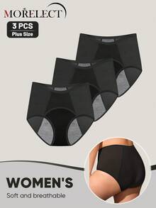 3pcs Women Plus Size Triangle Panties Period Underwear Leak-Proof Moisture-Wicking Sweat-Absorbent Breathable Mesh - Black - View 5