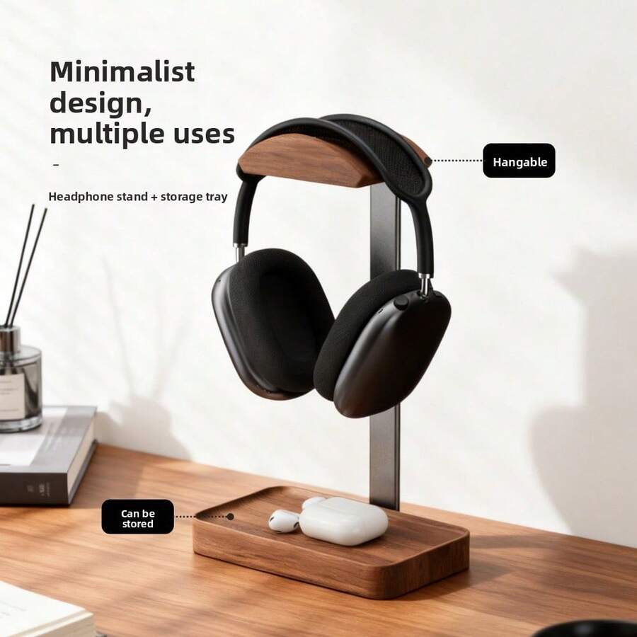 1Pc Walnut Headphone Stand, Stores Desktop Items, Desktop Storage Stand, Non-Slip Base, Stable Load-Bearing, Suitable For Most Headphone Models, Charming Decoration, High-Quality Desktop Ornament, Office School Desk Accessories, School Essentials, Office Decor And Accessories, Back To School