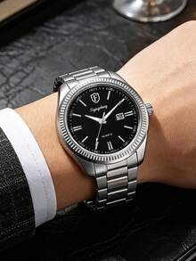 Fashionable Elegant Steel Band Quartz Watch, Calendar Design, Scale Design, Holiday Gift, Daily Versatile, Back To School Season - Black - View 2