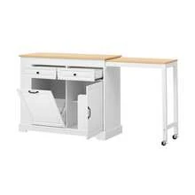 Kitchen Island On Wheels, Kitchen Island With Extendable Dining Corner, Waste Compartment And Drawers, Mobile Freestanding Kitchen Island, Ideal For Kitchen And Dining Room (White) - 白色+自然木材色 - 查看 7