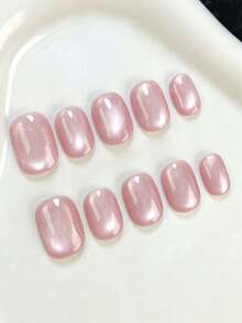 10pcs Handmade Press-On Nails, Short Oval Pink Y2K Minimalist Gentle Cat Eye Solid Color Manicure, Suitable For Women And Girls, Spring Summer Autumn Winter Holiday Party And Daily Wear - Pink - View 3