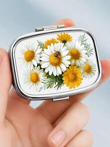 1pc Elegant Yellow & White Daisy Pattern Square Portable Small Pill Box, High-Quality Durable Metal Shell, 2-Layer Storage For Pills, Vitamins And Keepsakes, Pocket Size, Creative Gift - Multicolor - View 9