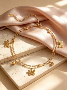 1pc Stainless Steel Double Layer Stacked Women's Anklet, Thin O-Chain Double Layer Foot Jewelry With 3D Embossed Butterfly And Round Bead Pendant, Beach Vacation Style, Gold Color, Fresh Summer Beach Outing Accessory For Sandals And Strappy Shoes, Photo-Ready, 2026 Qixi Valentine's Day, Versatile Foot Accessory - Anklets - View 5