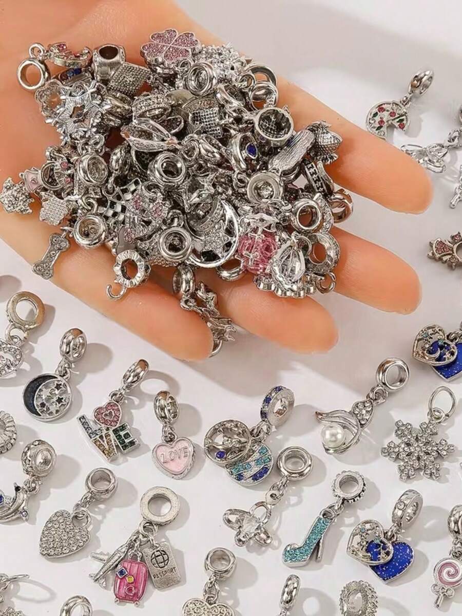 Random Silver Tone Rhinestone Enamel Bead Charms For Bracelet Making - Multicolor - View 1