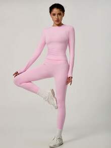NcmRyu Women's One Set Solid Color Seamless Round Neck Short Sleeve Butt Lifting Tight Cropped Pants Sports Outfit - Pink - View 6