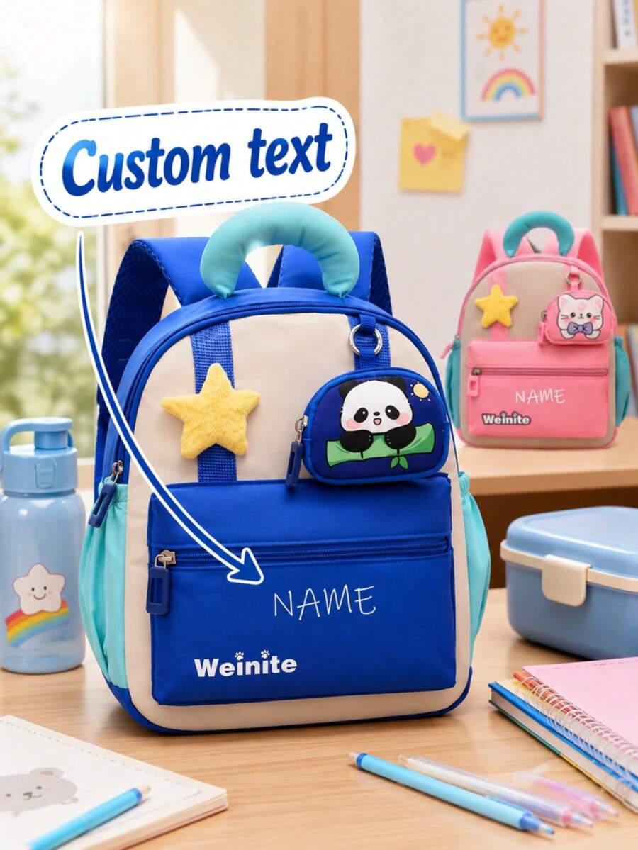 Customizable Name Personalized Schoolbag 1pc Cartoon Star Animal Pattern Cute Fashionable Backpack Removable Coin Purse Large Capacity Lightweight - Multicolor - View 1