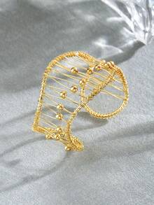 1pc Fashion Minimalist Handmade Wire-Wrapped Hollow Mesh Gold Bead Woven Wide Open Cuff Bracelet For Women, Suitable For Daily Wear (Gold Beads Are Movable) - 金色-B1556 - 查看 3