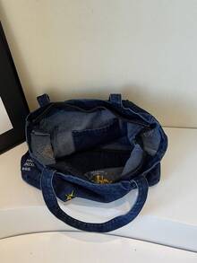 藍色牛仔大號托特包 復古刺繡星星圖案 雙肩帶 拉鍊開合 休閒購物書包 學生日常通勤旅行用 - 深色水洗藍 - 查看 3