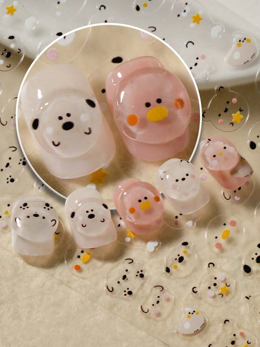 1pc Minimalist Cute 3D Nail Art Stickers, Transparent White Background Round Cartoon Nail Stickers With Blush Bear, Yellow Duck, Seal, Black Nose Puppy, Bow Bear, Star Animal Patterns, Transparent Light Color Palette, Suitable For Campus, Commuting, Daily Wear DIY Nail Art - Multicolor - View 1