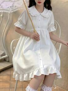 1 pieza Vestido con cuello Peter Pan, lazo, mangas abullonadas y volantes en el bajo, estilo Lolita, adecuado para uso diario en verano, Halloween y primavera - Multicolor - Ver 3