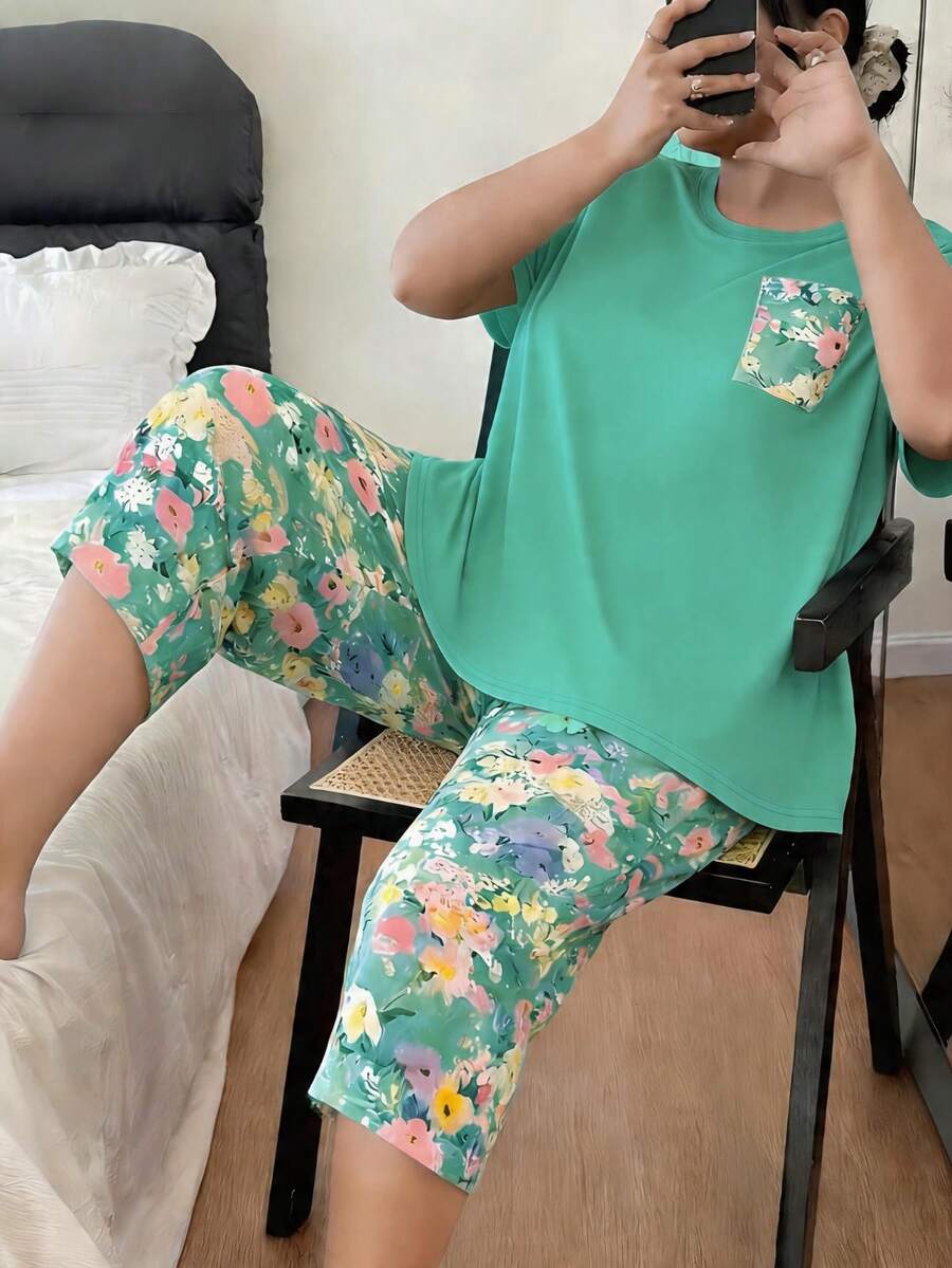 大码女式睡衣套装,短袖上衣搭配七分裤,上衣带口袋,绿色碎花图案,宽松休闲舒适,夏季穿着 - 薄荷綠 - 查看 1
