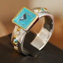 Elegante Anillo Cuadrado de Dos Tonos Azul Claro, Joyería de Estilo Océano Fresco para Mujeres - Dos colores - Ver 6