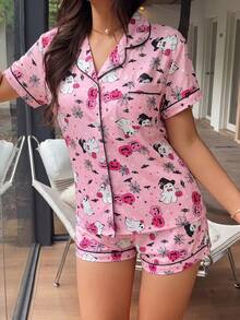 2pcs/Set Women's Halloween Ghost Pufferfish Bat Print Short Sleeve Top And Bow Shorts Pajama Set, Spring/Summer - Pink - View 3