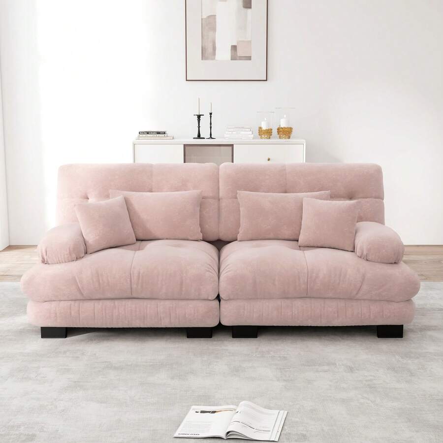 Rosa Chenille Ecksofa für Wohnzimmer, 2er Sofas mit Lendenkissen - Rosa 2-Sitzer - Übersicht 1