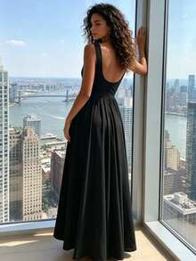 Women Sleeveless Round Neck High Waist Slim Backless Zipper A-Line Maxi Dress - 黑色 - 查看 7