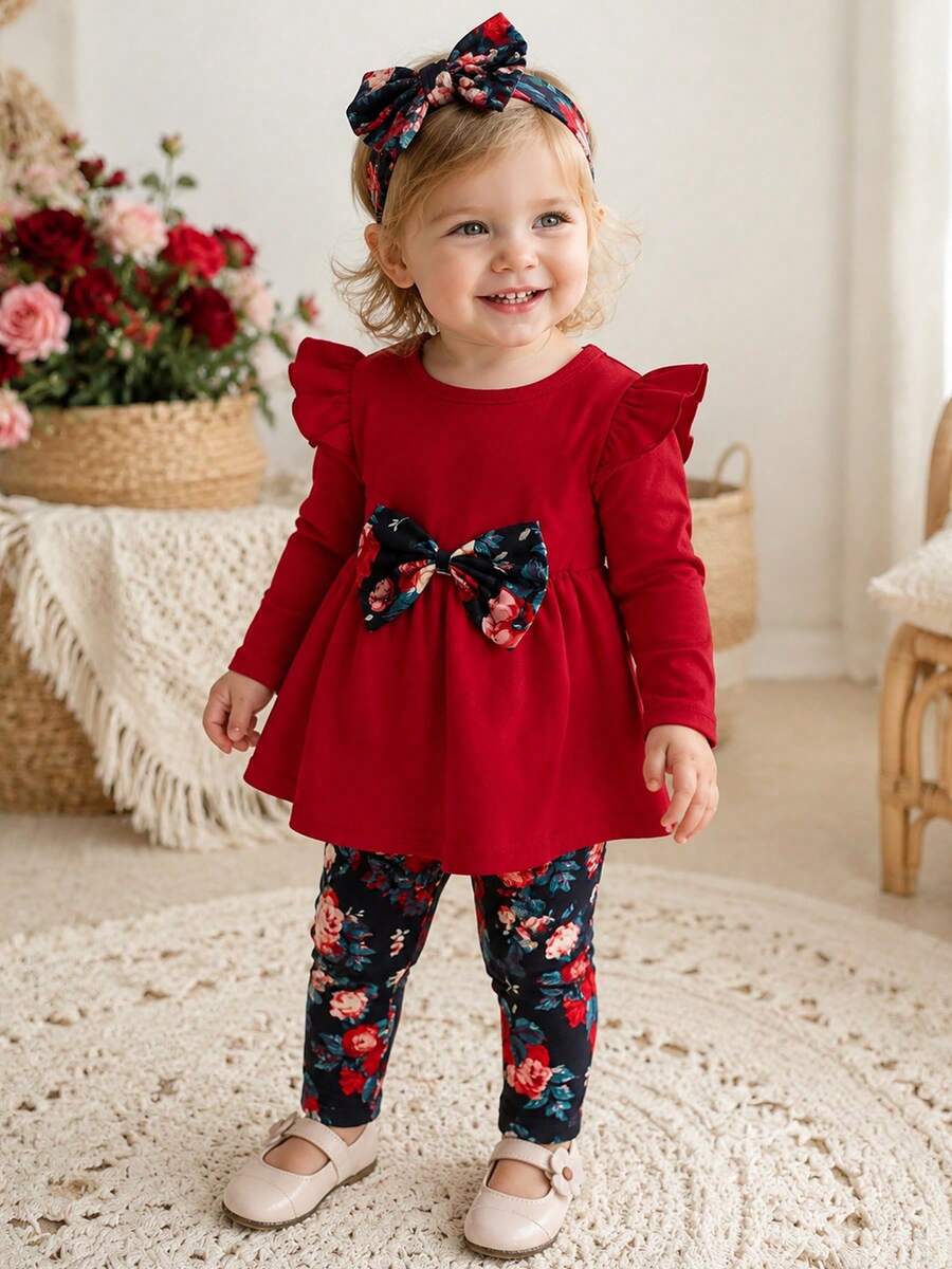 Conjunto de niña bebé de otoño/invierno: blusa de manga larga con estampado de flores moradas y pantalones de unicolor - Morado - Ver 1