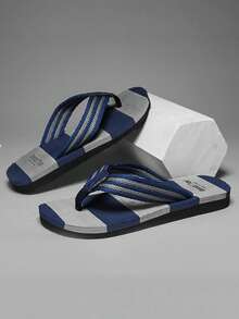 Sandal Jepit Pria Motif Blok Warna-warni Musim Panas, Bernapas/Anti Selip/Nyaman/Tahan Lama, Sandal Kasual Serbaguna untuk Pantai, Liburan, dan Kolam Renang - Biru - View 2