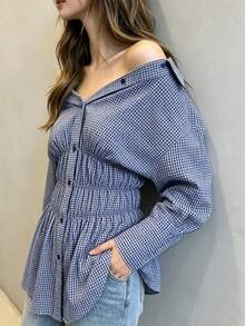 Women's Elegant Commute Street Casual Plaid Checkered Shirt Blouse, Elastic Waist Gathered Design, Shirt Collar Front Button Placket, Long Sleeve, Perfect For Spring And Autumn Outfits And Daily Casual Workplace Commute Wear - Blue - View 5