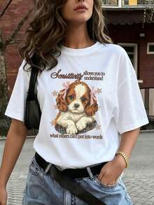 American Vintage Style Cavalier King Charles Spaniel Bow Print Short-Sleeve T-Shirt For Women, Gentle Loose-Fit Versatile Tee, Essential For Daily Fas - White - View 3