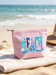 Pink Striped Tote Bag With "BEACH" Shell And Wave Pattern Print, Summer Theme. Large Capacity Striped Handbag And Makeup Bag, Casual Shoulder Bag, Lightweight Shopping Bag, Portable Cosmetic Storage Bag, Suitable For Travel, Shopping, Commuting And Daily Use, Gift For Women, Lovers, Friends, Birthday Gift, Holiday Gift, Party Gift, Vacation Gift, Back To School Gift, Anniversary Gift, Teacher Gift - Multicolor - View 16