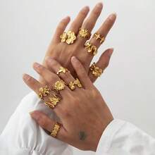 304 Stainless Steel Ring Set, Geometric Flower & Leaf Design, Premium Titanium Steel, 18K Gold, Fade-Resistant Jewelry Accessories - Gold - View 4